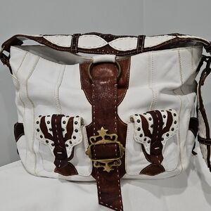 Betsey Johnson White Leather Messenger Bag with Brown Leather And Studded Trim